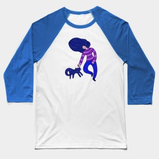 Cool girl with blue hair and blue cat walking, version 4 Baseball T-Shirt